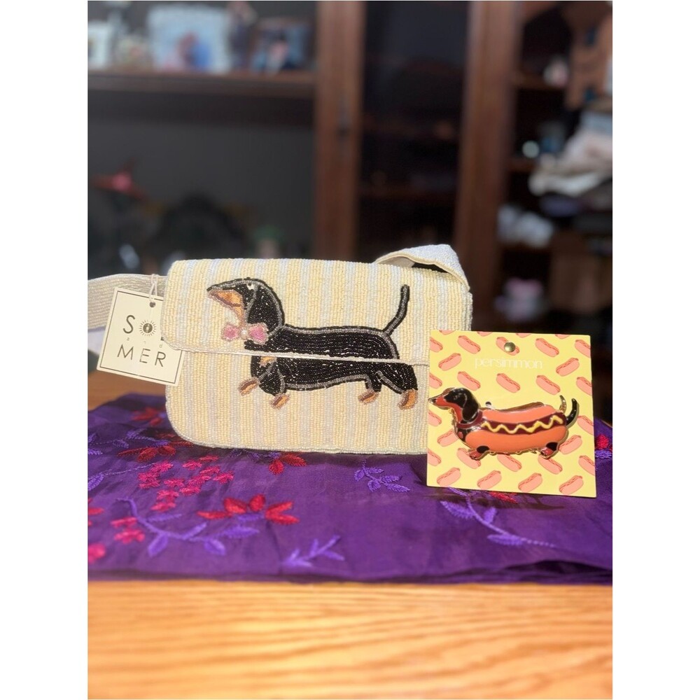 NWT Viral Sol and Mer Beaded Dachshund Dog Shoulder Bag + Pin & Clip Bundle